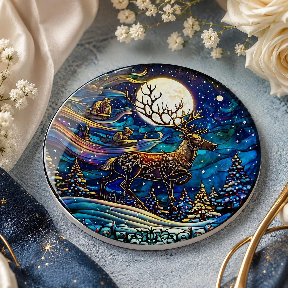 Winter Stag Ceramic Coaster, Moonlit Forest Art for Holiday Table Decor