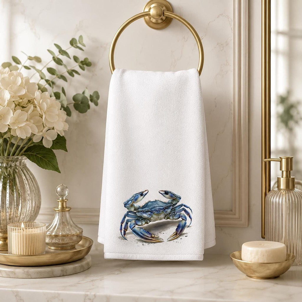 Coastal Hand Towel with Blue Crab Design, Nautical Bathroom Decor