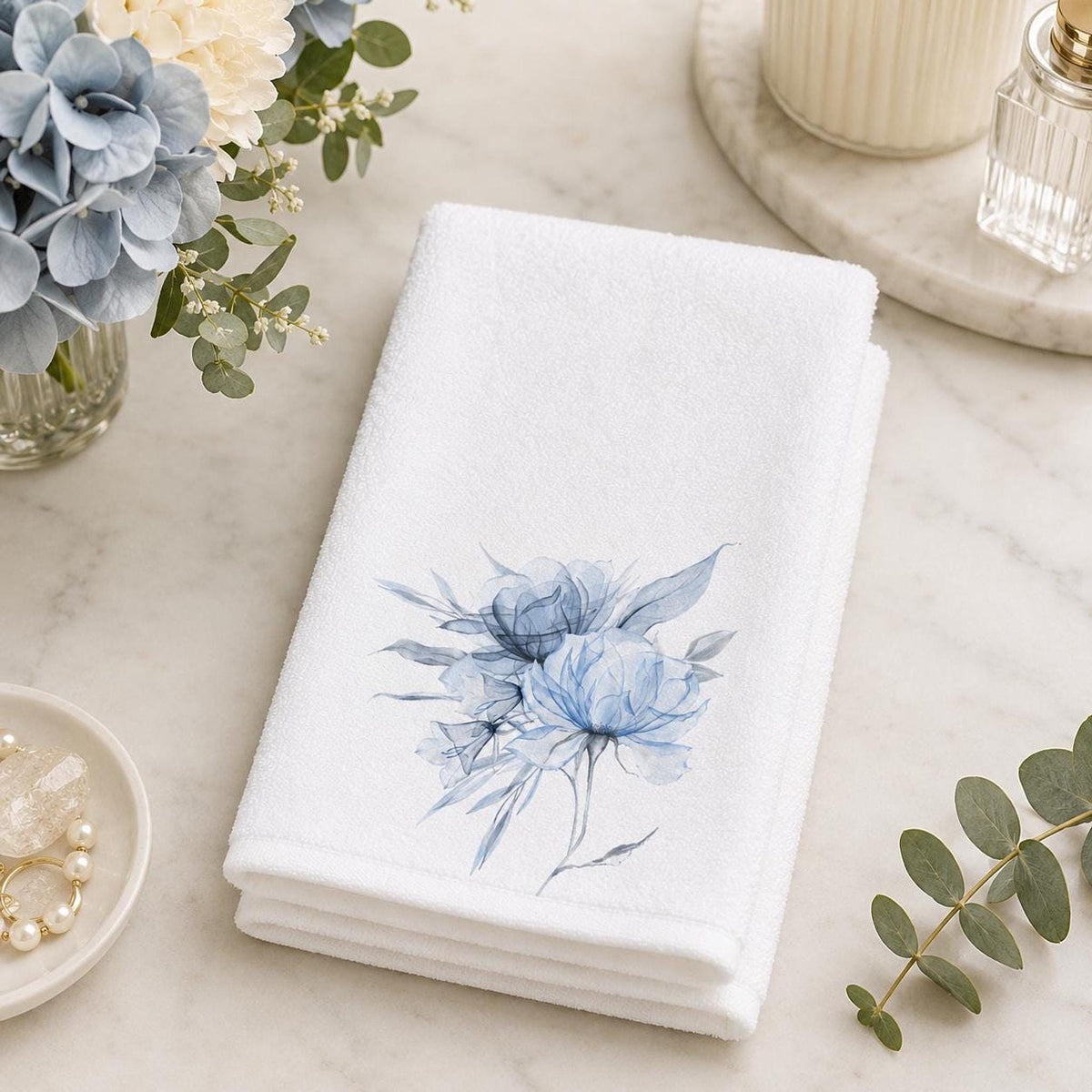 Floral Hand Towel with Blue Watercolor Design, Soft Cotton Terry Back