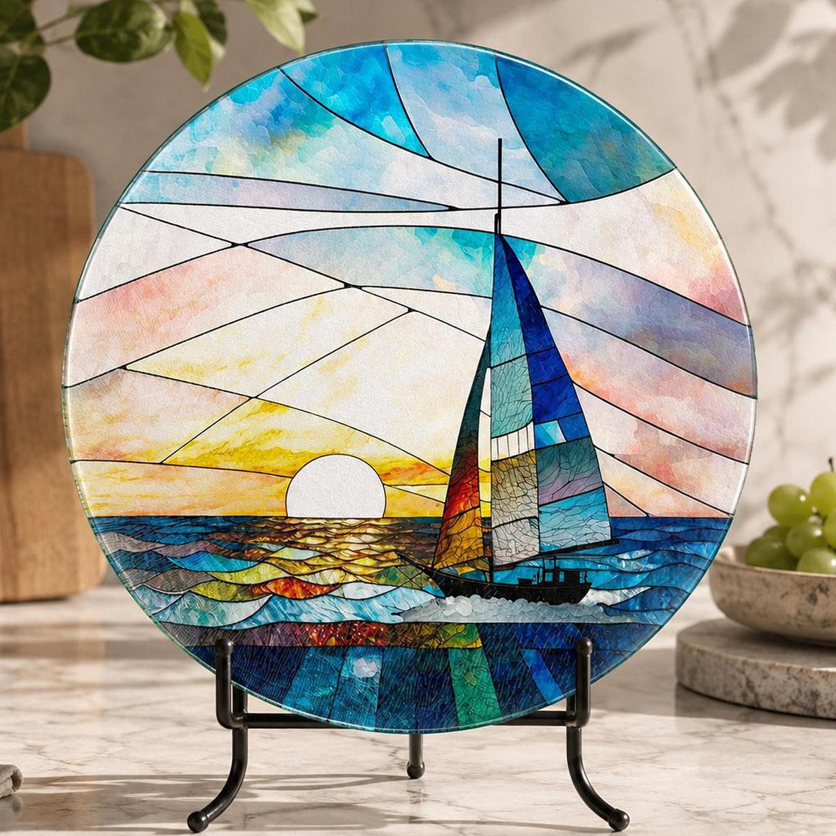 Round Cutting Board, Tempered Glass Sailboat Design, 8-Inch Or 12-Inch
