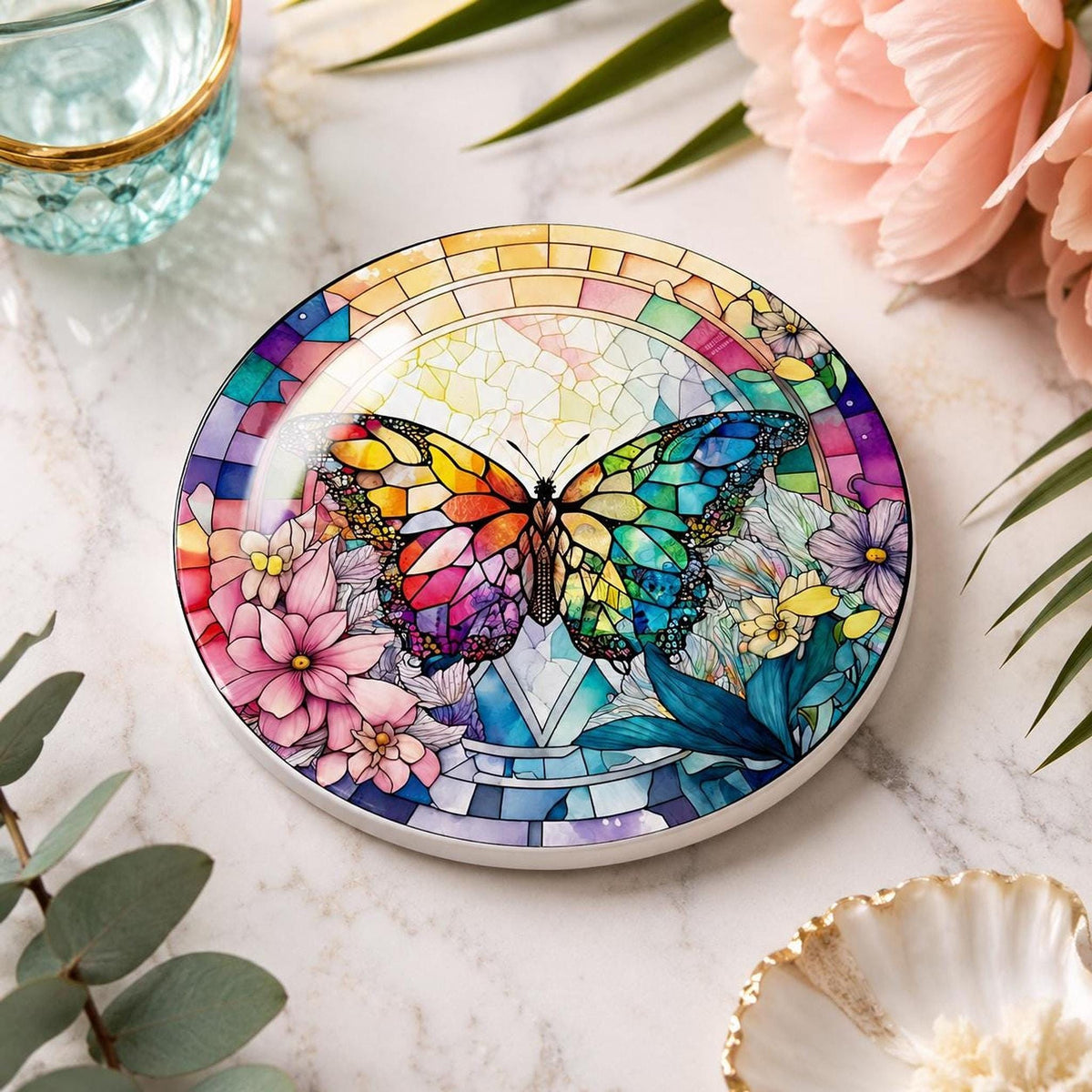 Rainbow Butterfly Ceramic Art Coaster, Colorful Floral Design
