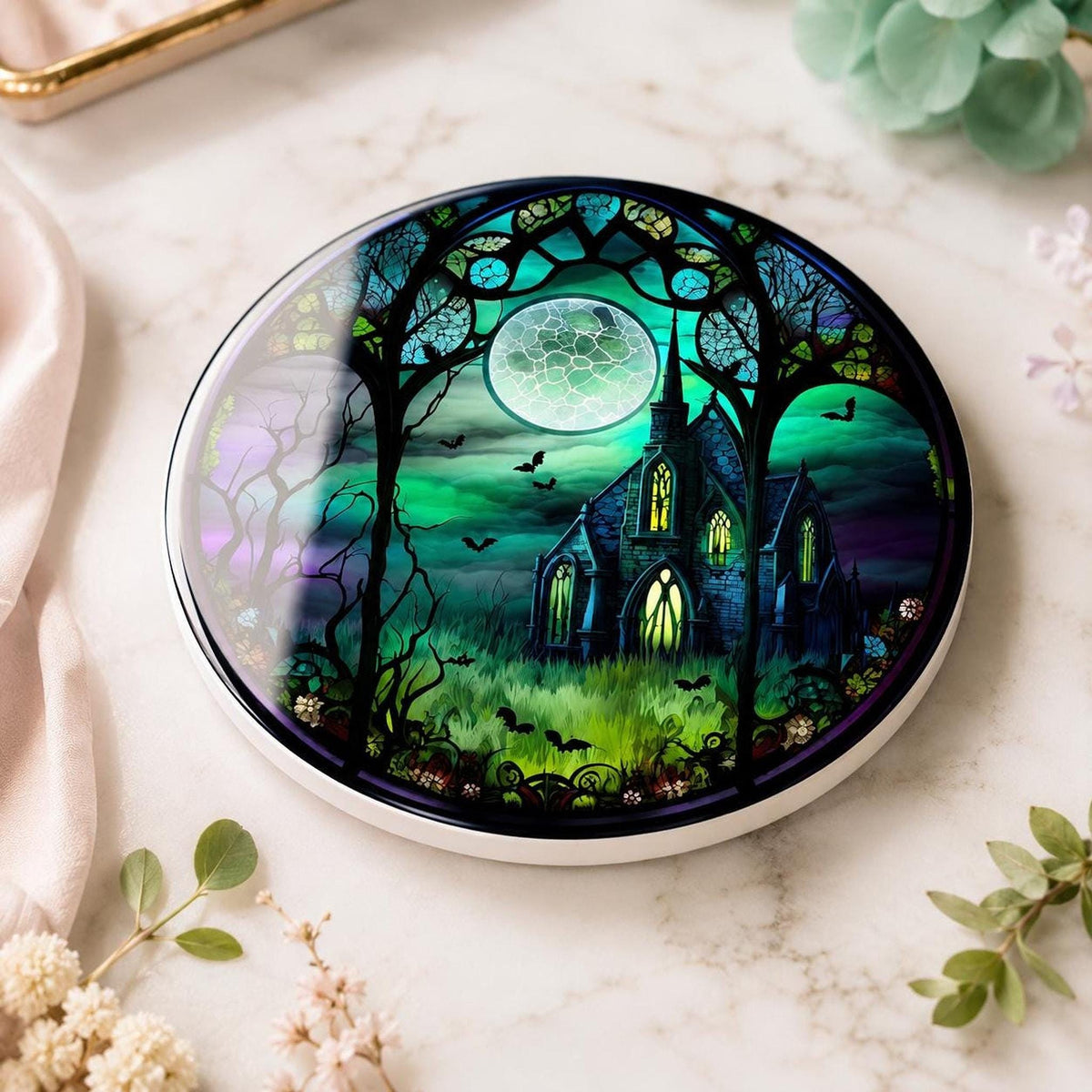 Halloween Coaster with Moonlit Gothic Chapel Design, Ceramic Drink Mat