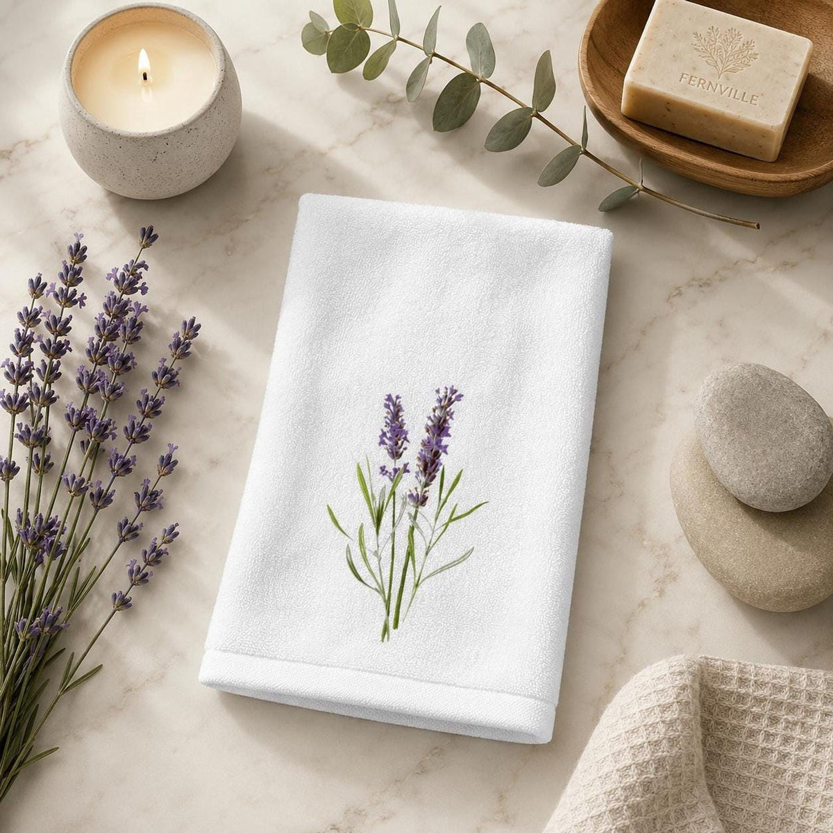 Lavender Towel with Floral Design, Elegant Guest Bath
