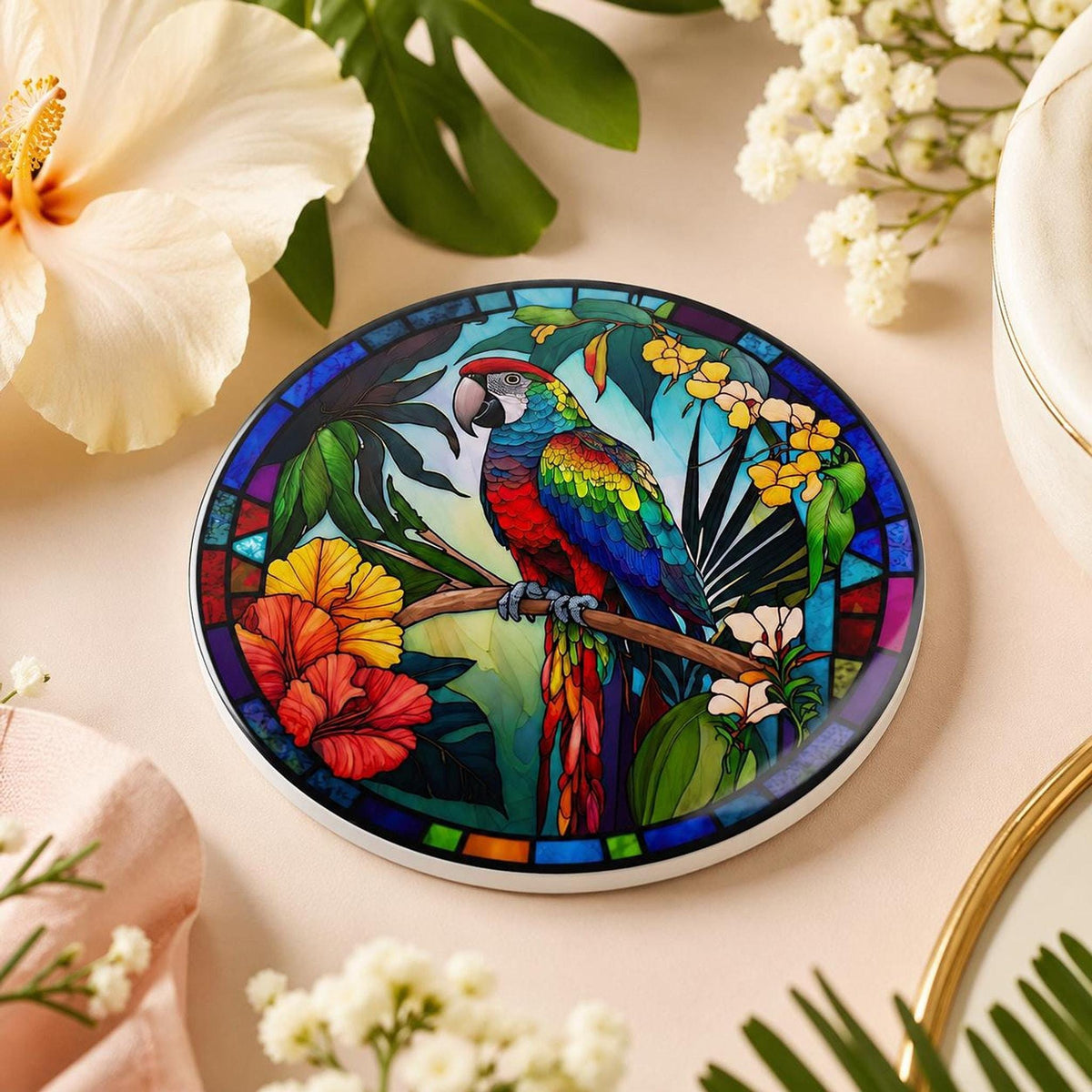 Colorful Parrot Coaster, Tropical Ceramic Drink with Glossy Finish