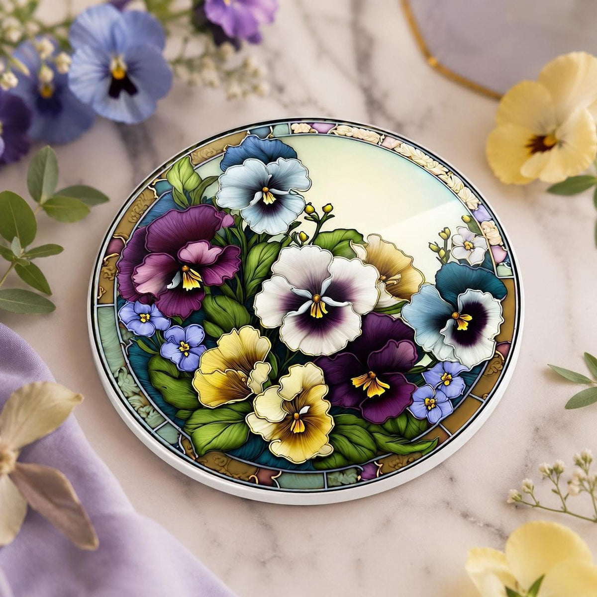 Pansy Coaster, Colorful Floral Ceramic Drink with Botanical Design
