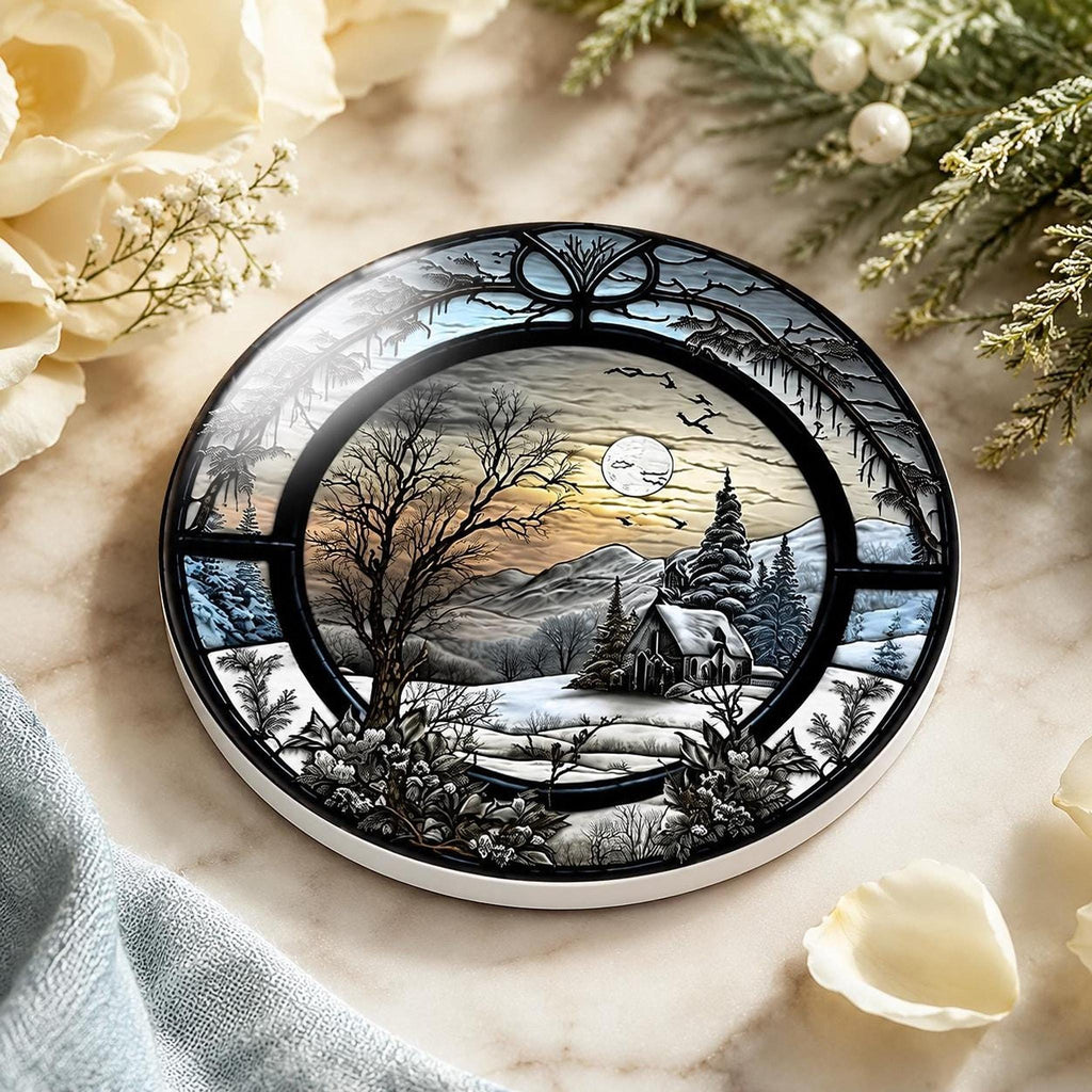 Winter Coaster with Snowy Cabin Landscape, Ceramic Drink