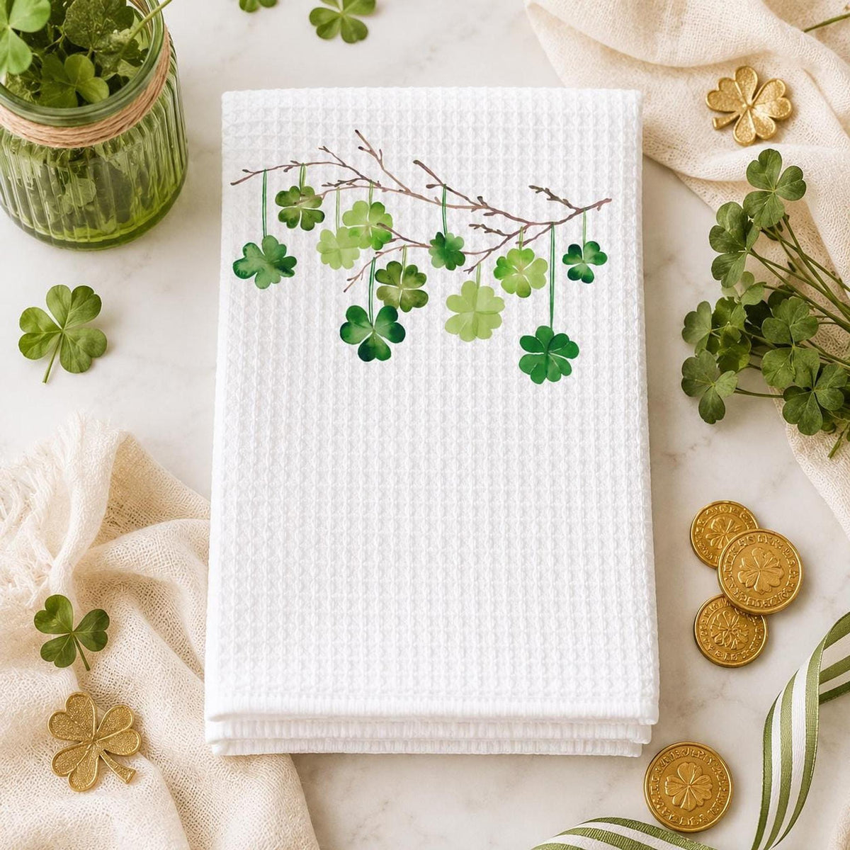 Waffle Weave Towel, White Microfiber Shamrock Design, 16 x 25 Inches