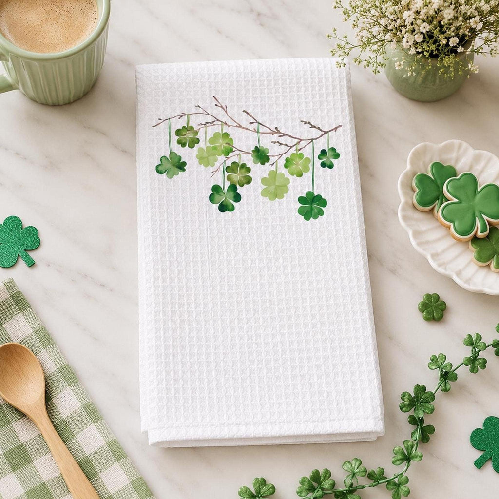 Waffle Weave Towel, White Microfiber Shamrock Design, 16 x 25 Inches