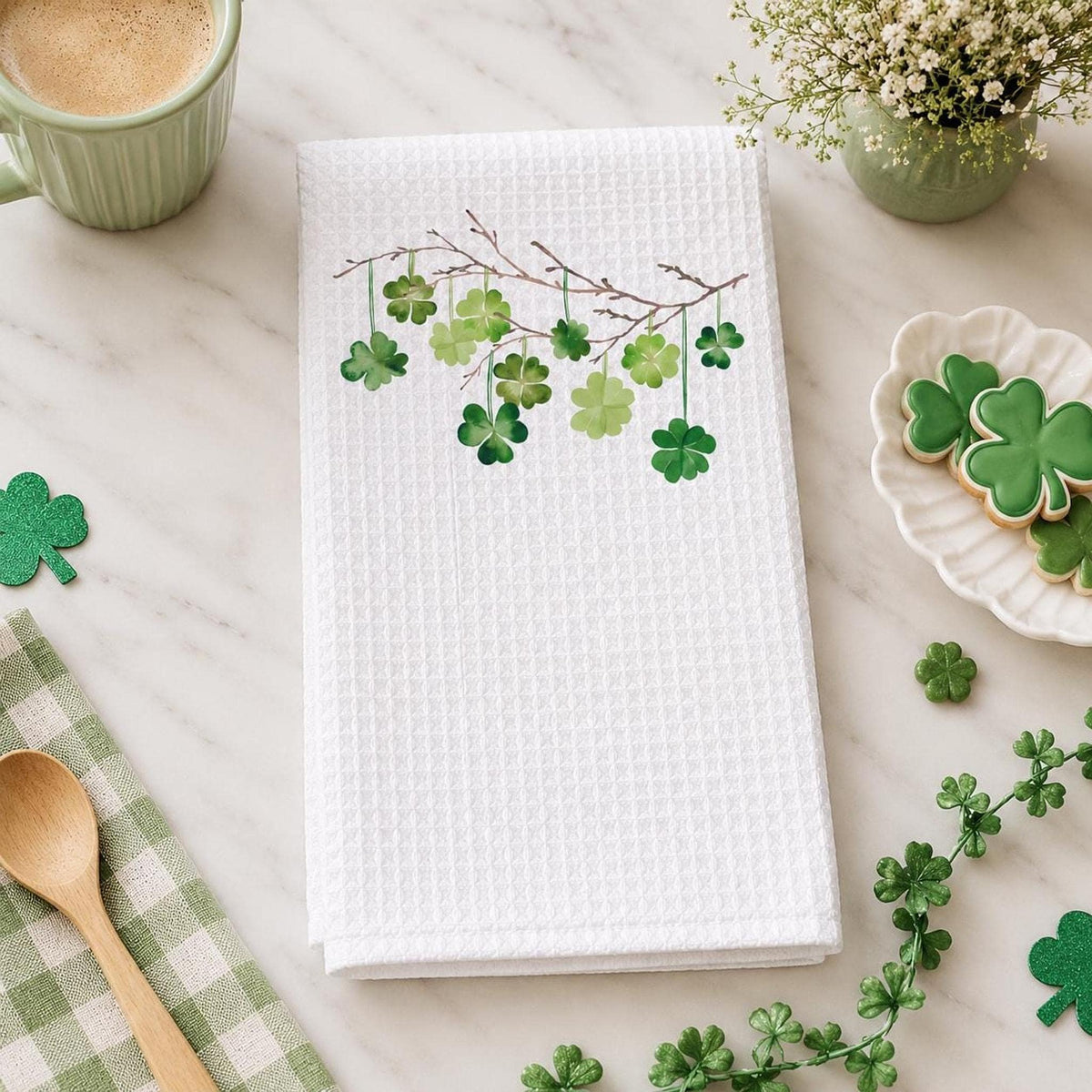 Waffle Weave Towel, White Microfiber Shamrock Design, 16 x 25 Inches