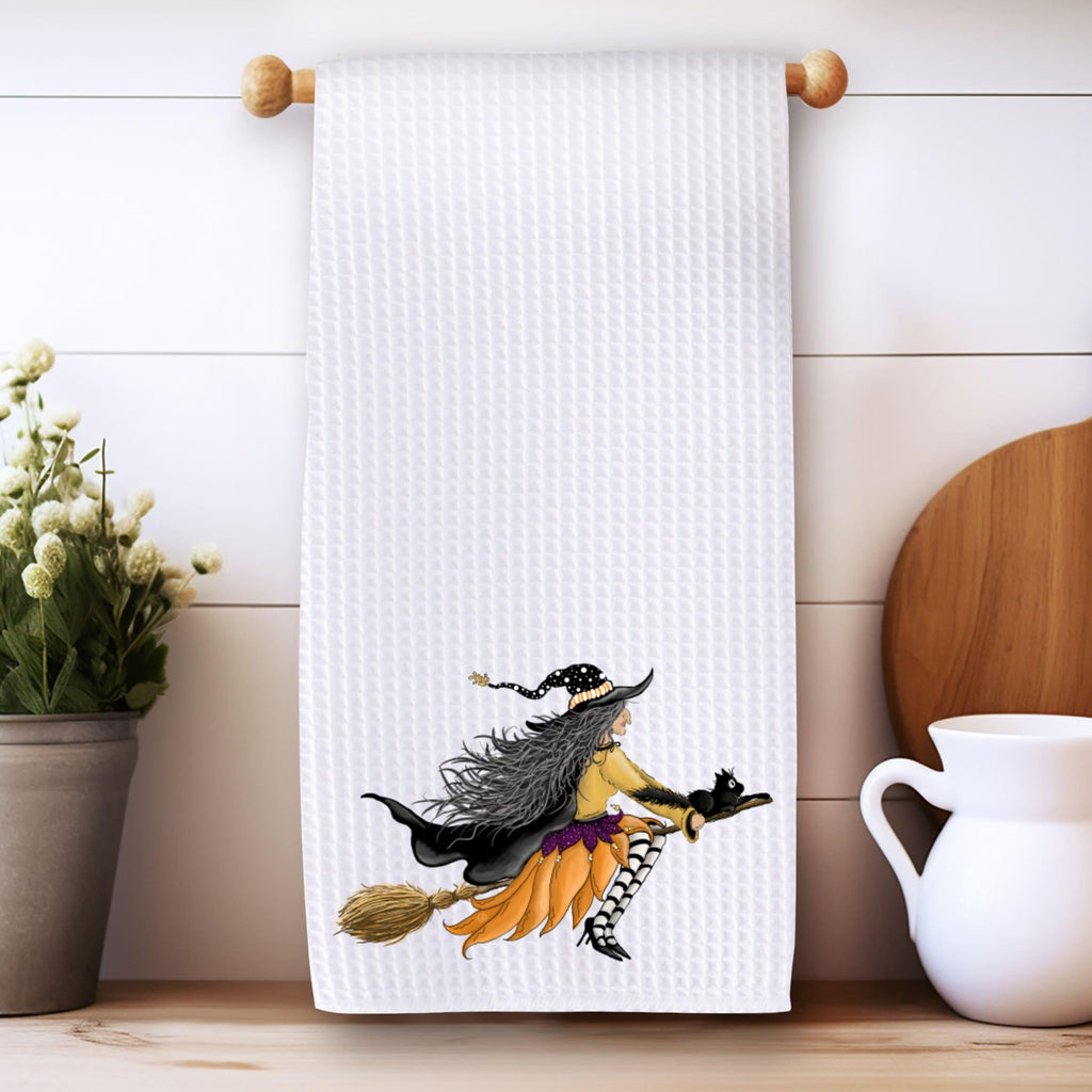 Halloween Dish Towel, Microfiber Waffle Weave 16x25 Inches Witch Design