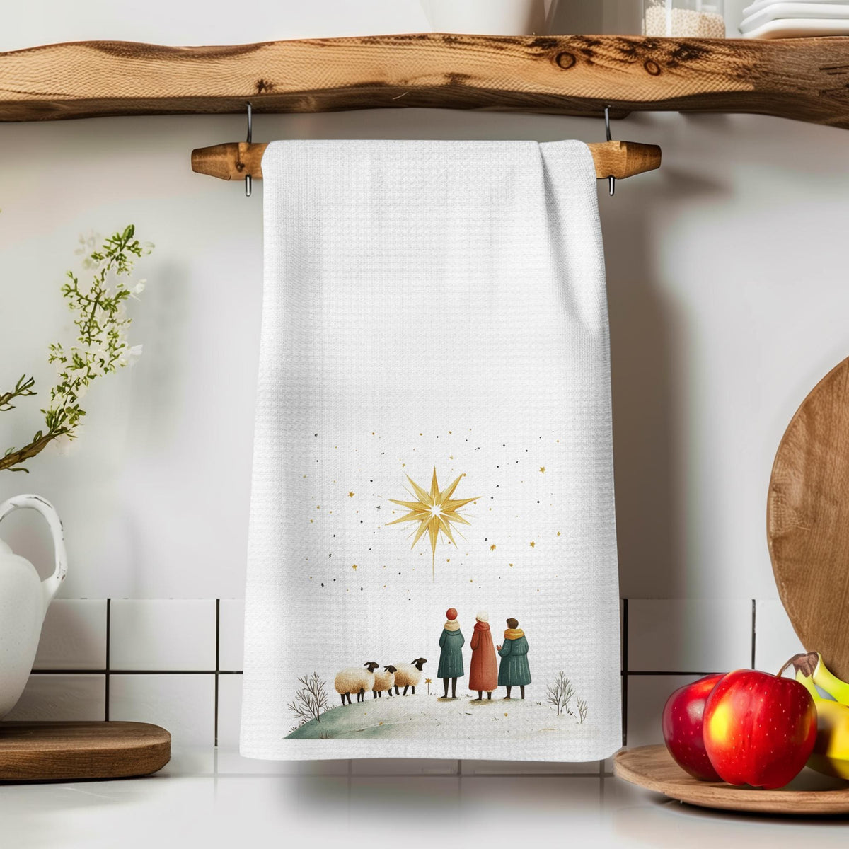 Christmas Towel, Warm White Microfiber Waffle Weave Nativity Scene