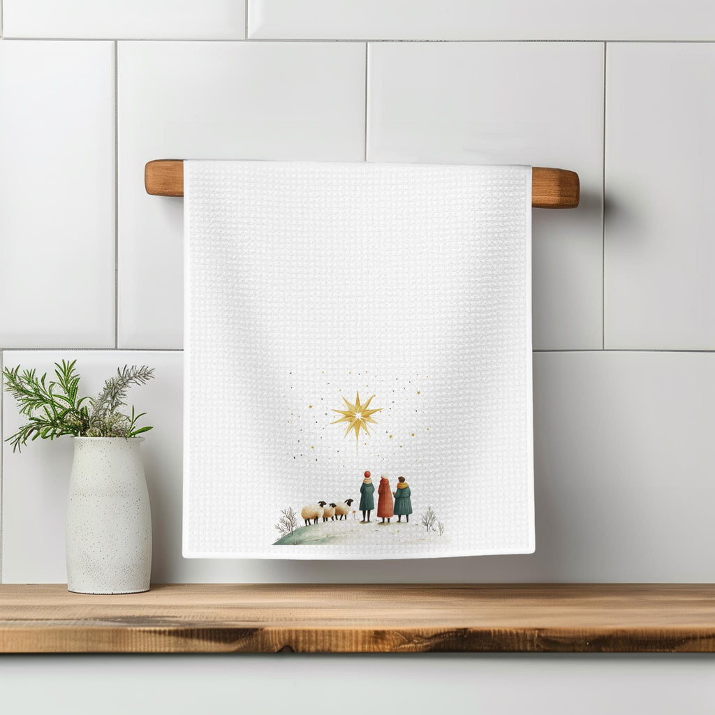 Christmas Towel, Warm White Microfiber Waffle Weave Nativity Scene