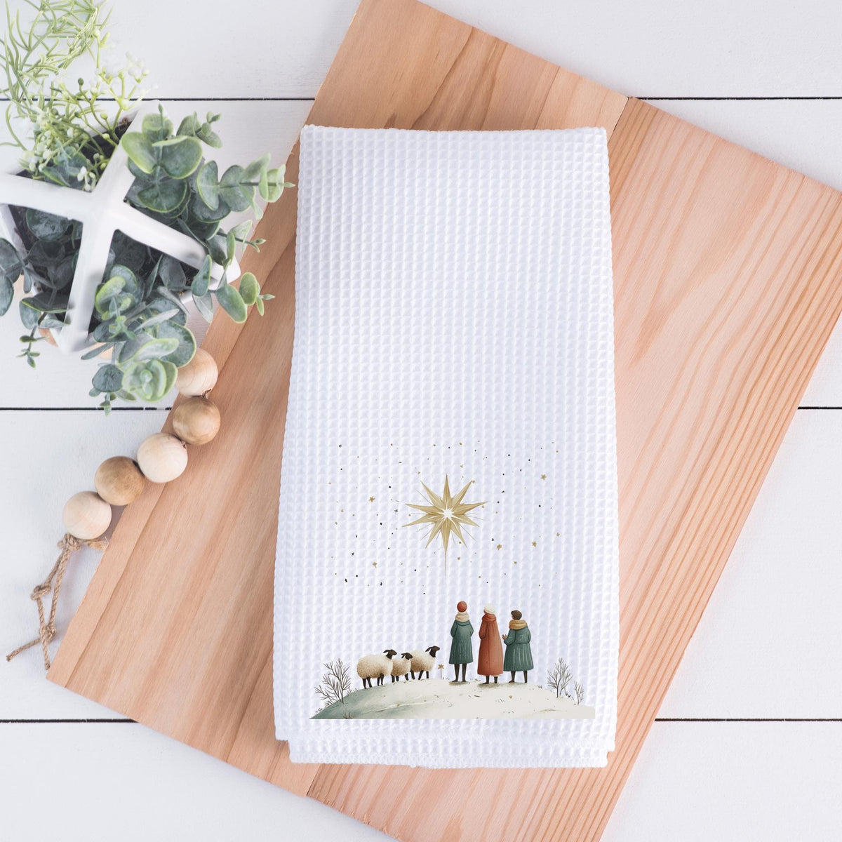 Christmas Towel, Warm White Microfiber Waffle Weave Nativity Scene