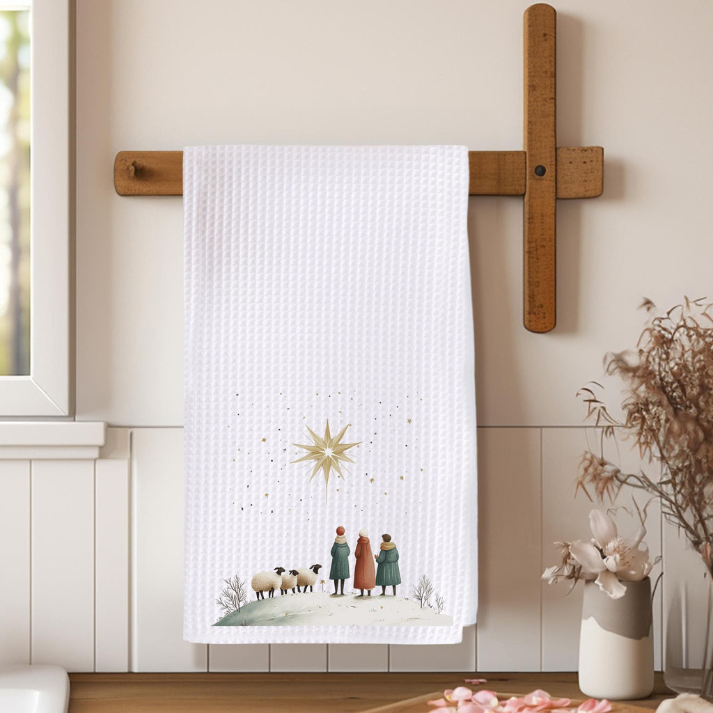 Christmas Towel, Warm White Microfiber Waffle Weave Nativity Scene