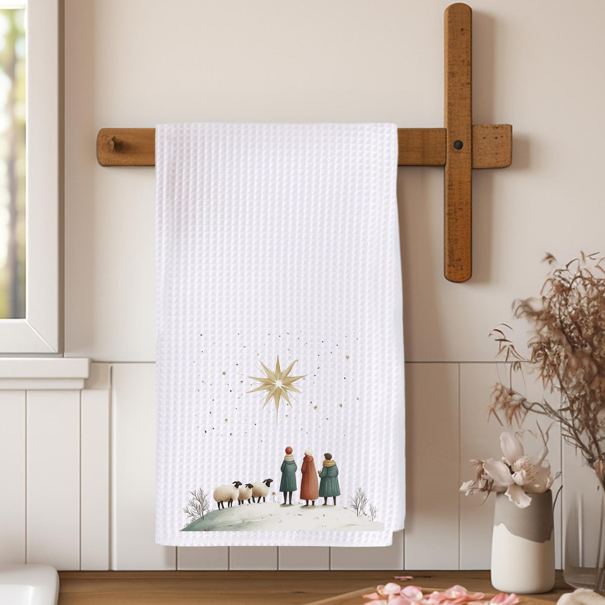 Christmas Towel, Warm White Microfiber Waffle Weave Nativity Scene