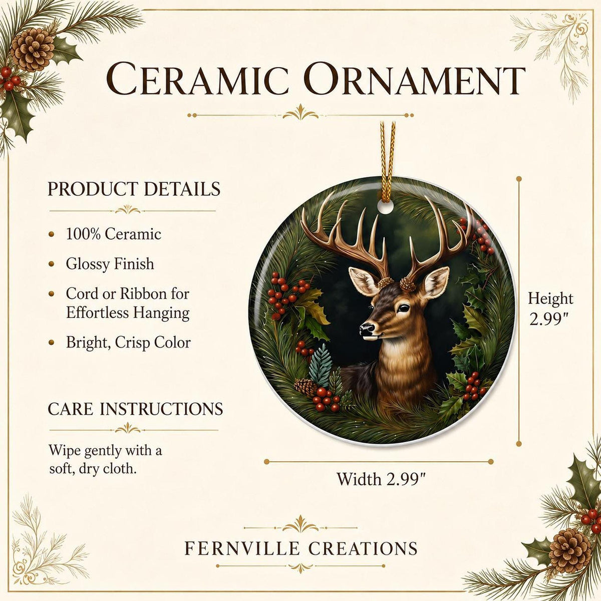 Rustic Tree Ornament, 3-Inch Ceramic Deer Woodland Keepsake