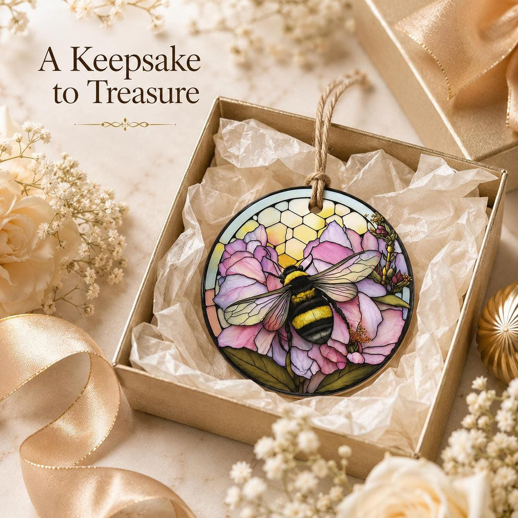 Bee Ornament, 3-Inch Round Ceramic Floral Keepsake with Leaded-Glass Look