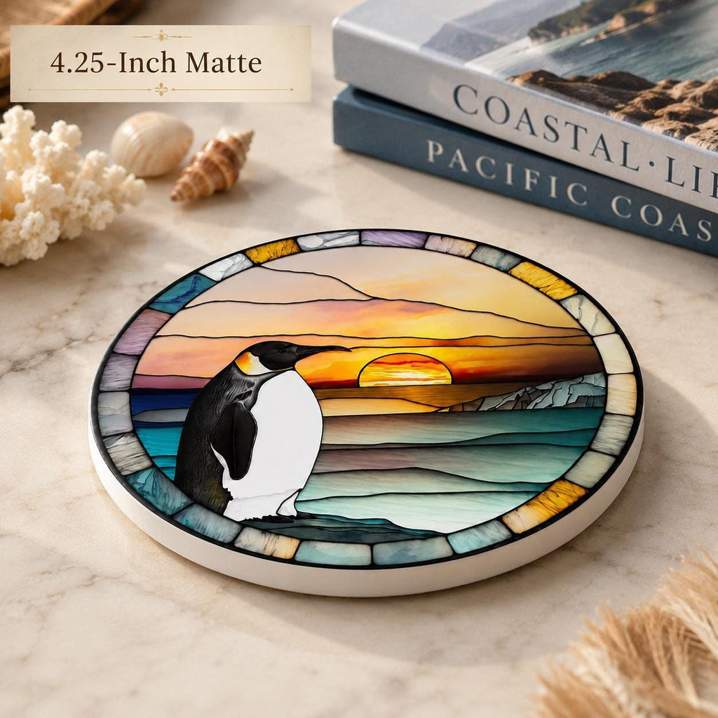 Sunset Table Decor, Penguin Ceramic Coaster with Mosaic Ocean Art