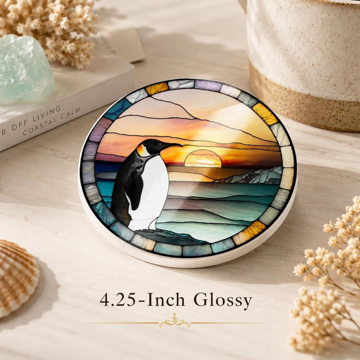 Sunset Table Decor, Penguin Ceramic Coaster with Mosaic Ocean Art