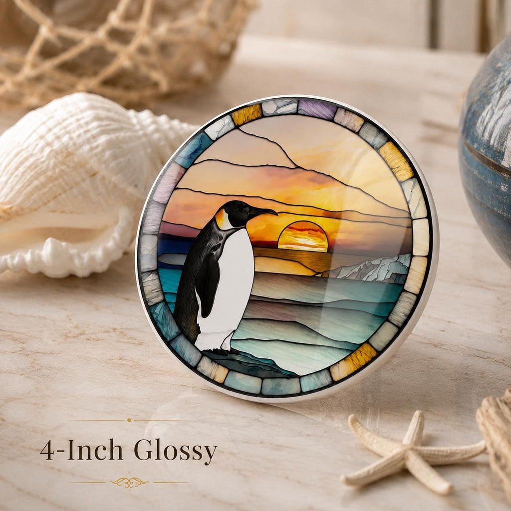 Sunset Table Decor, Penguin Ceramic Coaster with Mosaic Ocean Art