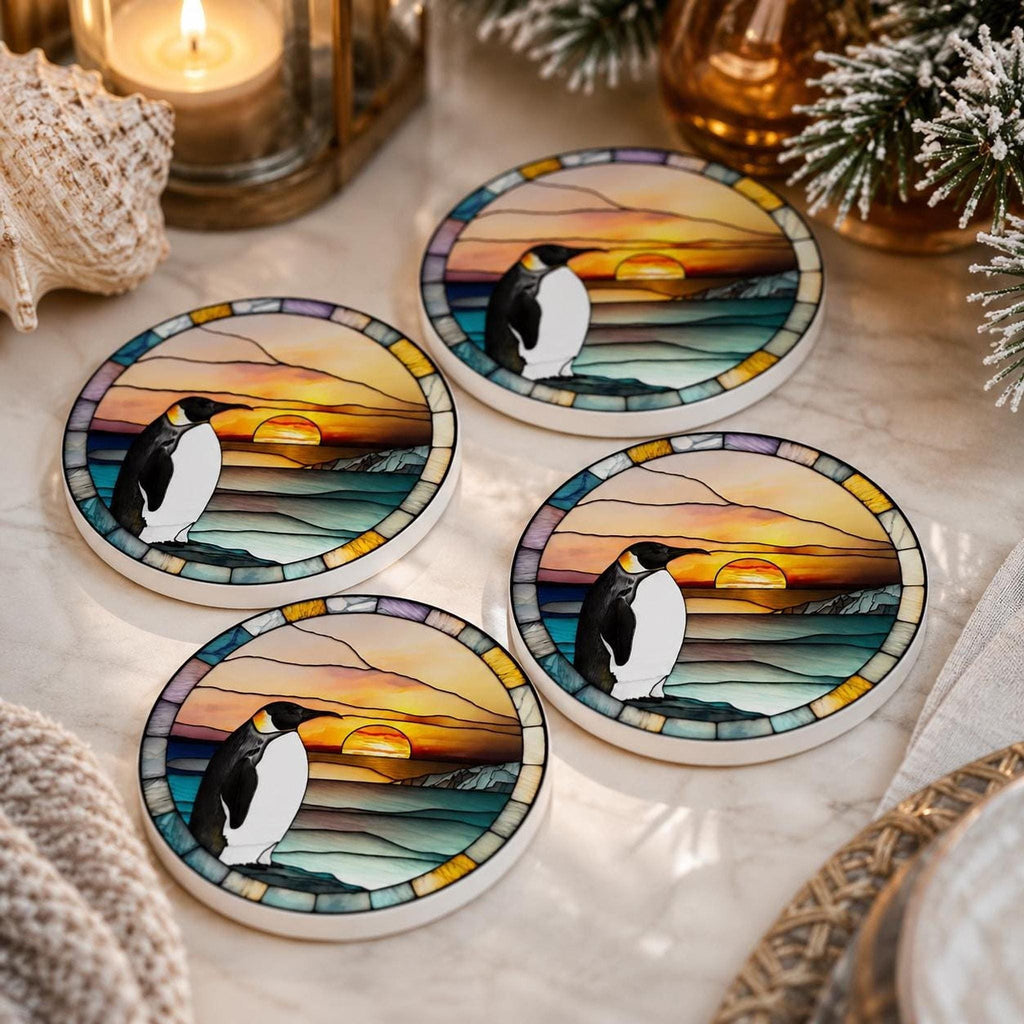 Sunset Table Decor, Penguin Ceramic Coaster with Mosaic Ocean Art