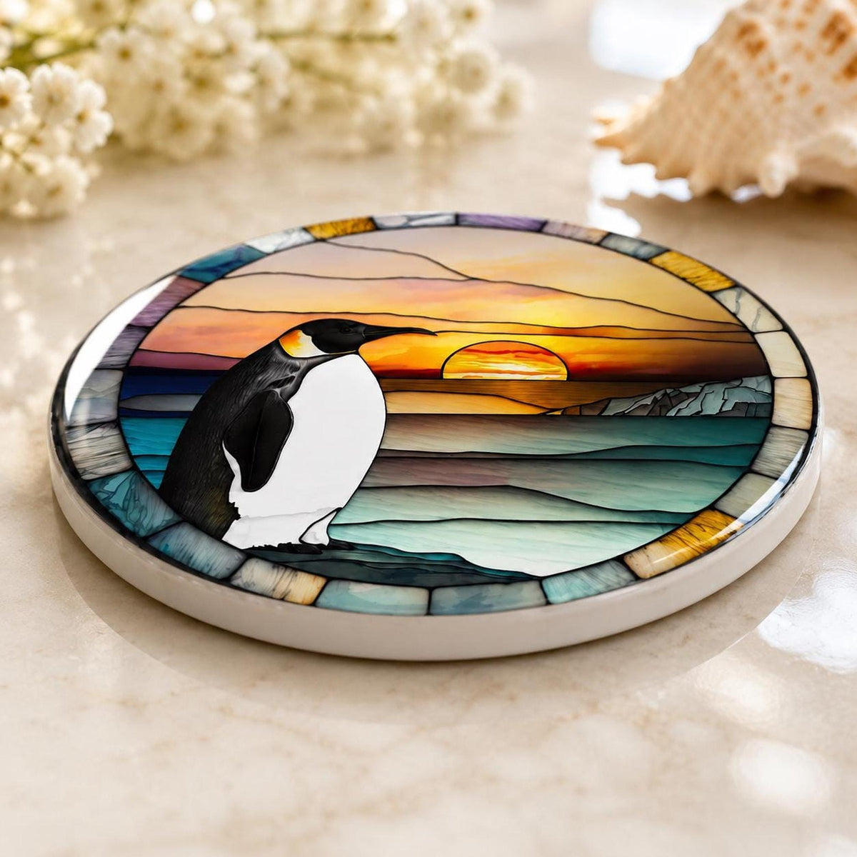 Sunset Table Decor, Penguin Ceramic Coaster with Mosaic Ocean Art