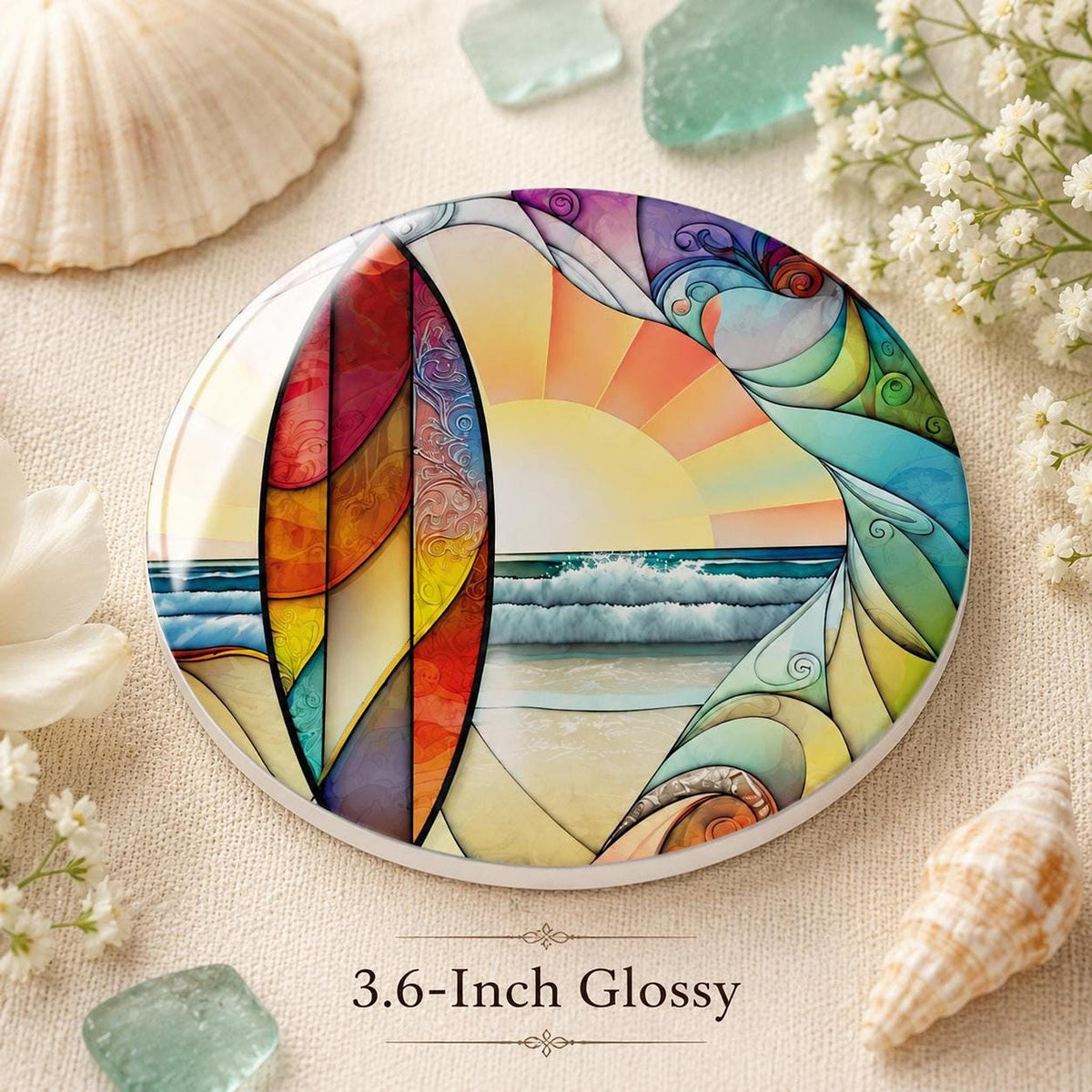 Beach Table Decor Ceramic Coaster, Surfboard Sunset Ocean Art