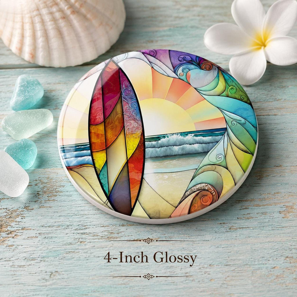 Beach Table Decor Ceramic Coaster, Surfboard Sunset Ocean Art
