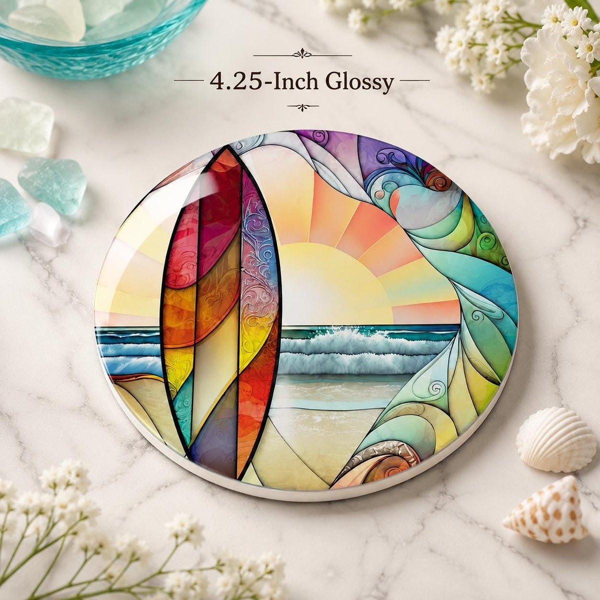 Beach Table Decor Ceramic Coaster, Surfboard Sunset Ocean Art