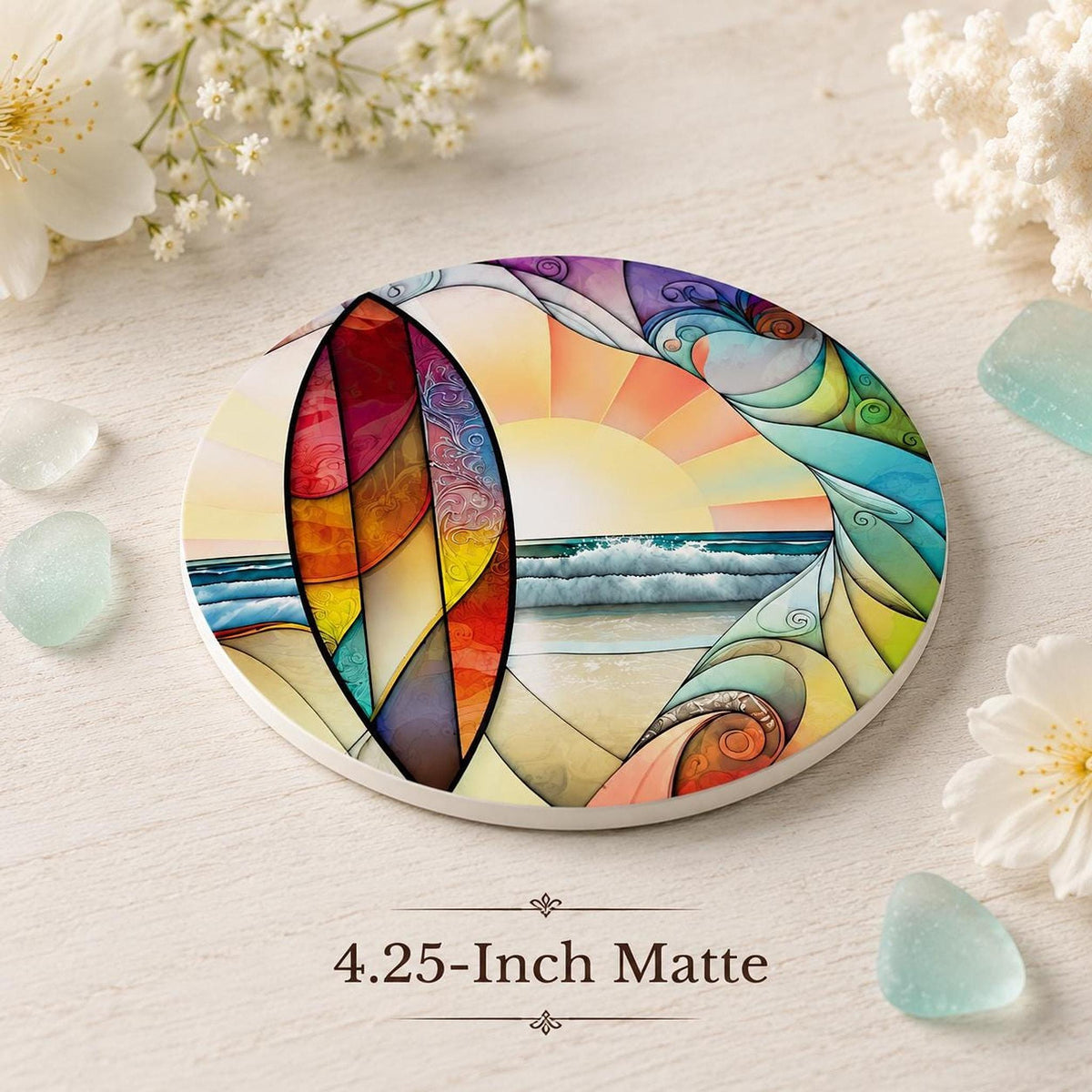 Beach Table Decor Ceramic Coaster, Surfboard Sunset Ocean Art
