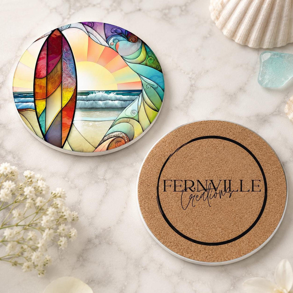 Beach Table Decor Ceramic Coaster, Surfboard Sunset Ocean Art