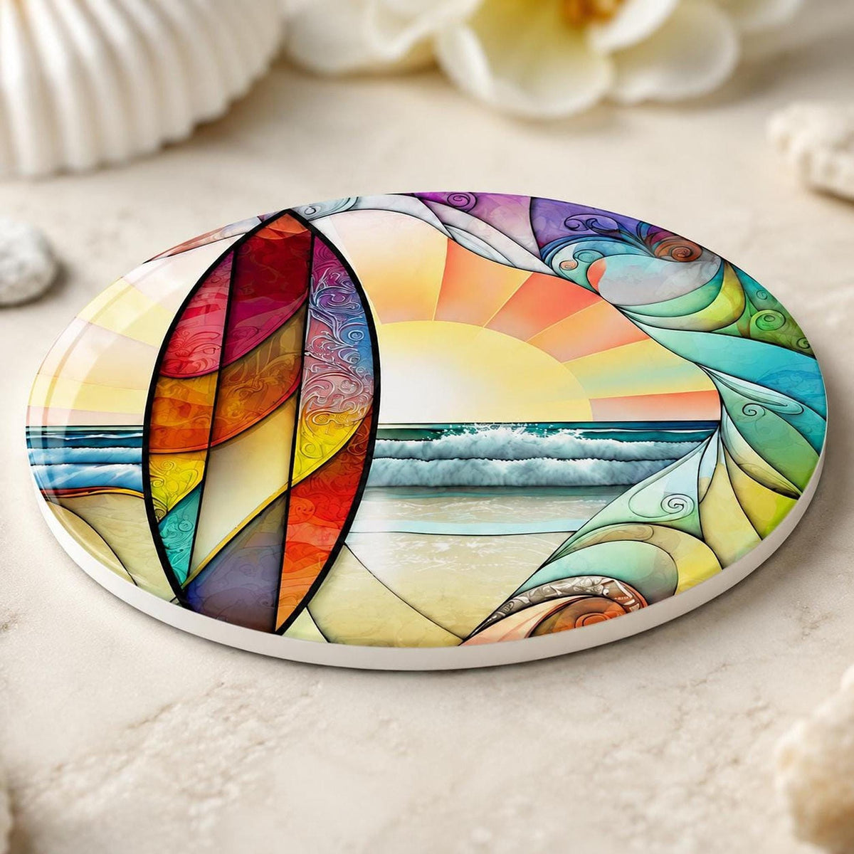 Beach Table Decor Ceramic Coaster, Surfboard Sunset Ocean Art