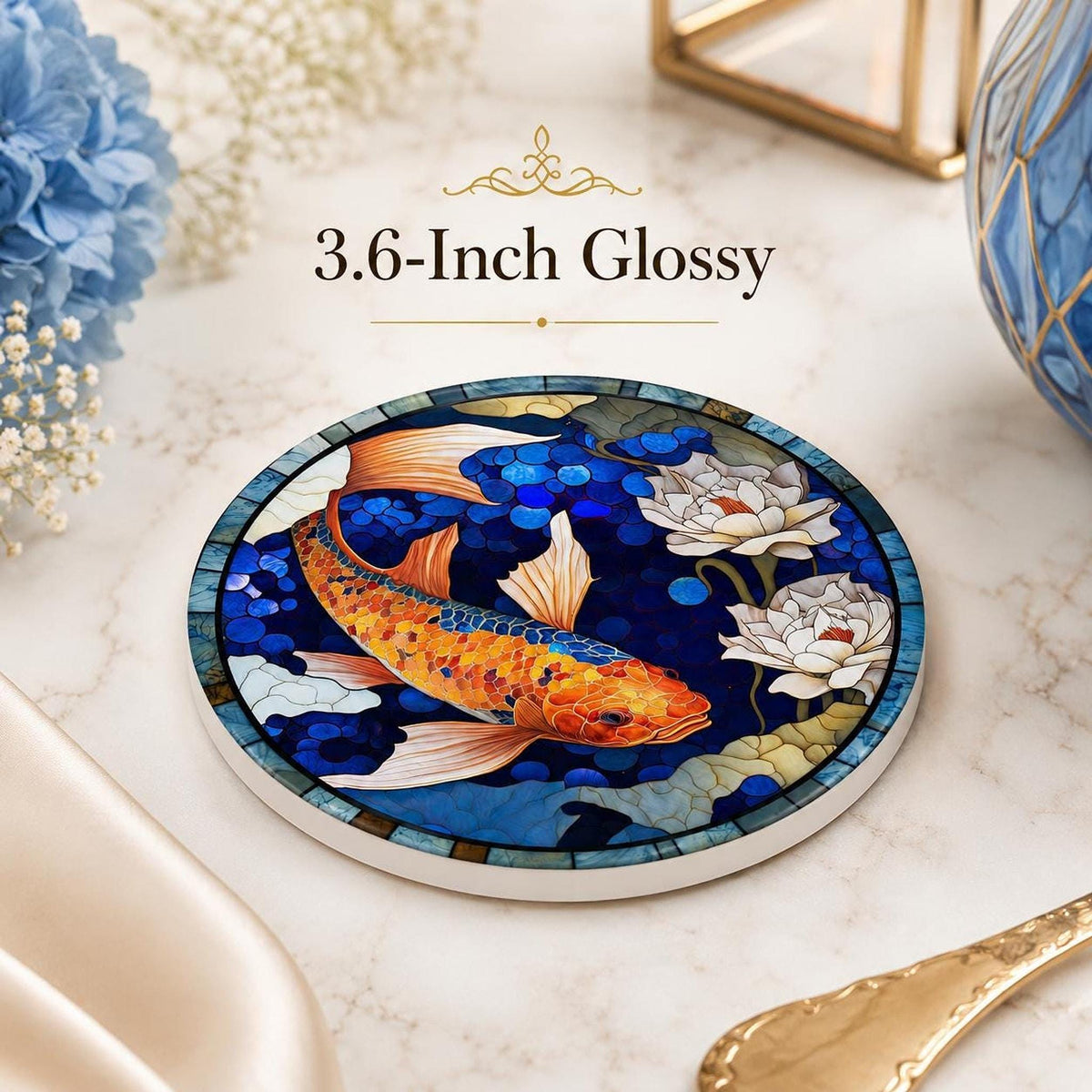 Desk Coaster Decor Featuring Round Ceramic Koi Fish And Lotus Pond Art