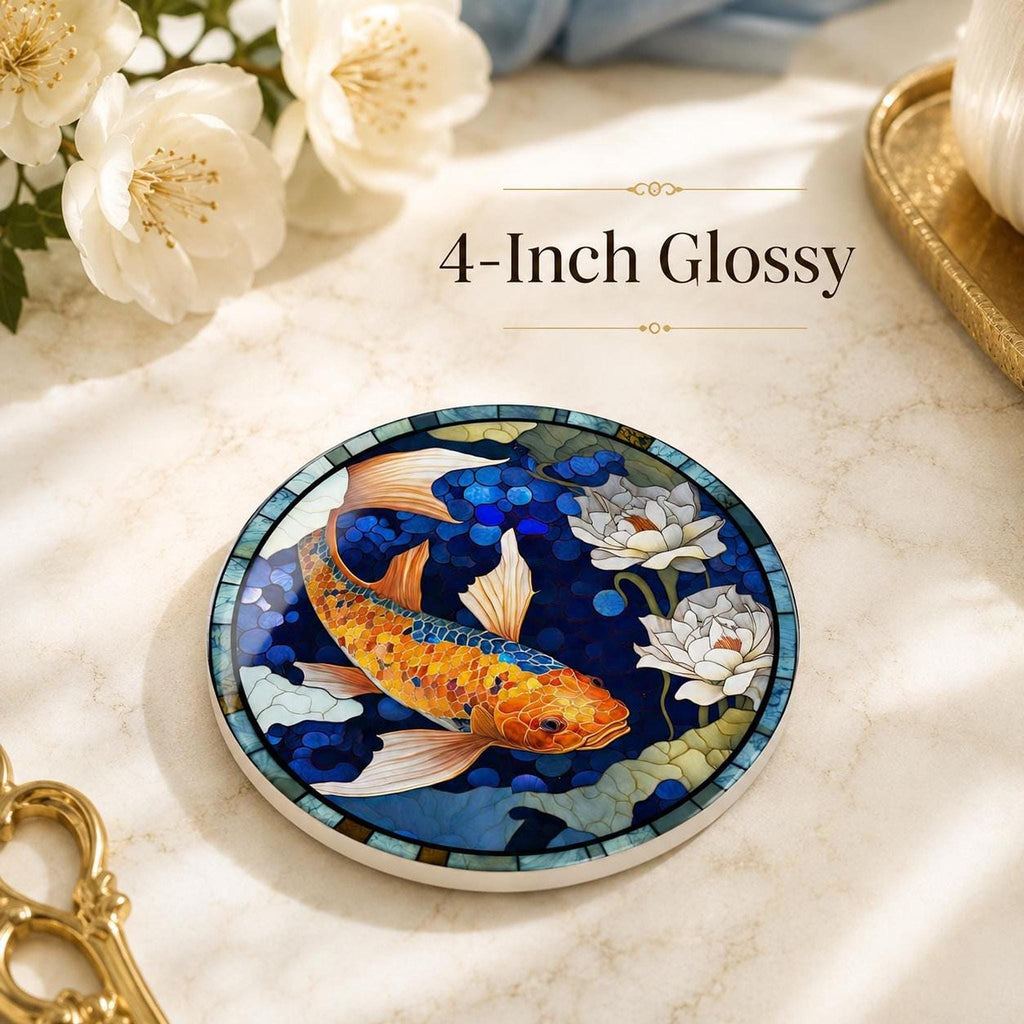 Desk Coaster Decor Featuring Round Ceramic Koi Fish And Lotus Pond Art