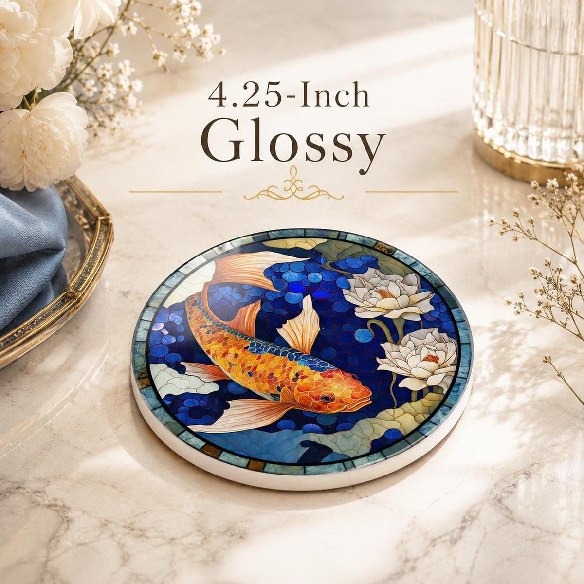 Desk Coaster Decor Featuring Round Ceramic Koi Fish And Lotus Pond Art