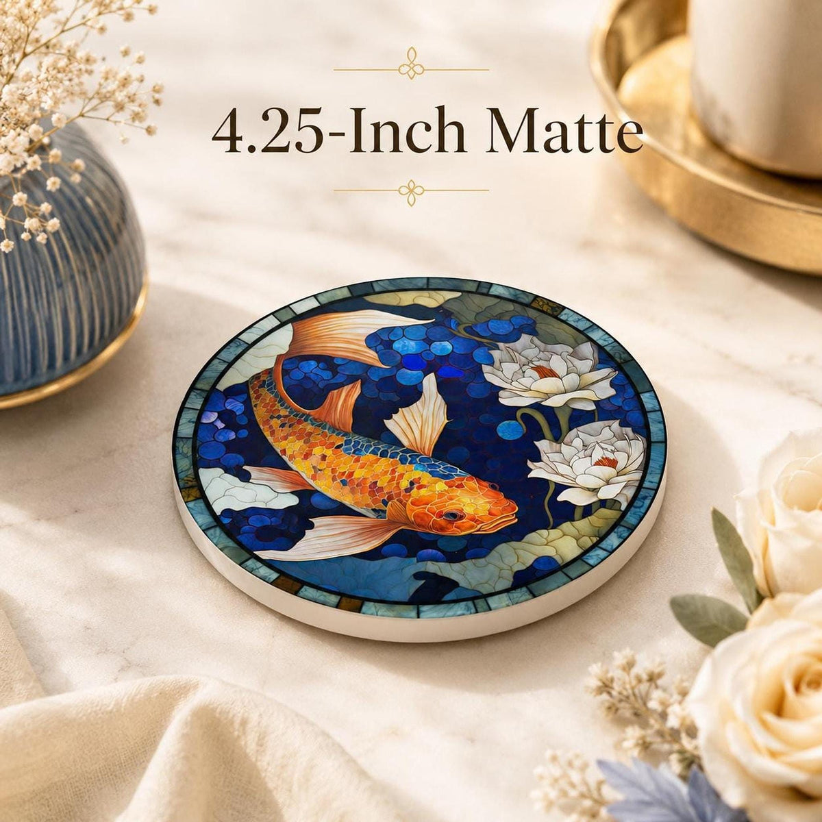 Desk Coaster Decor Featuring Round Ceramic Koi Fish And Lotus Pond Art