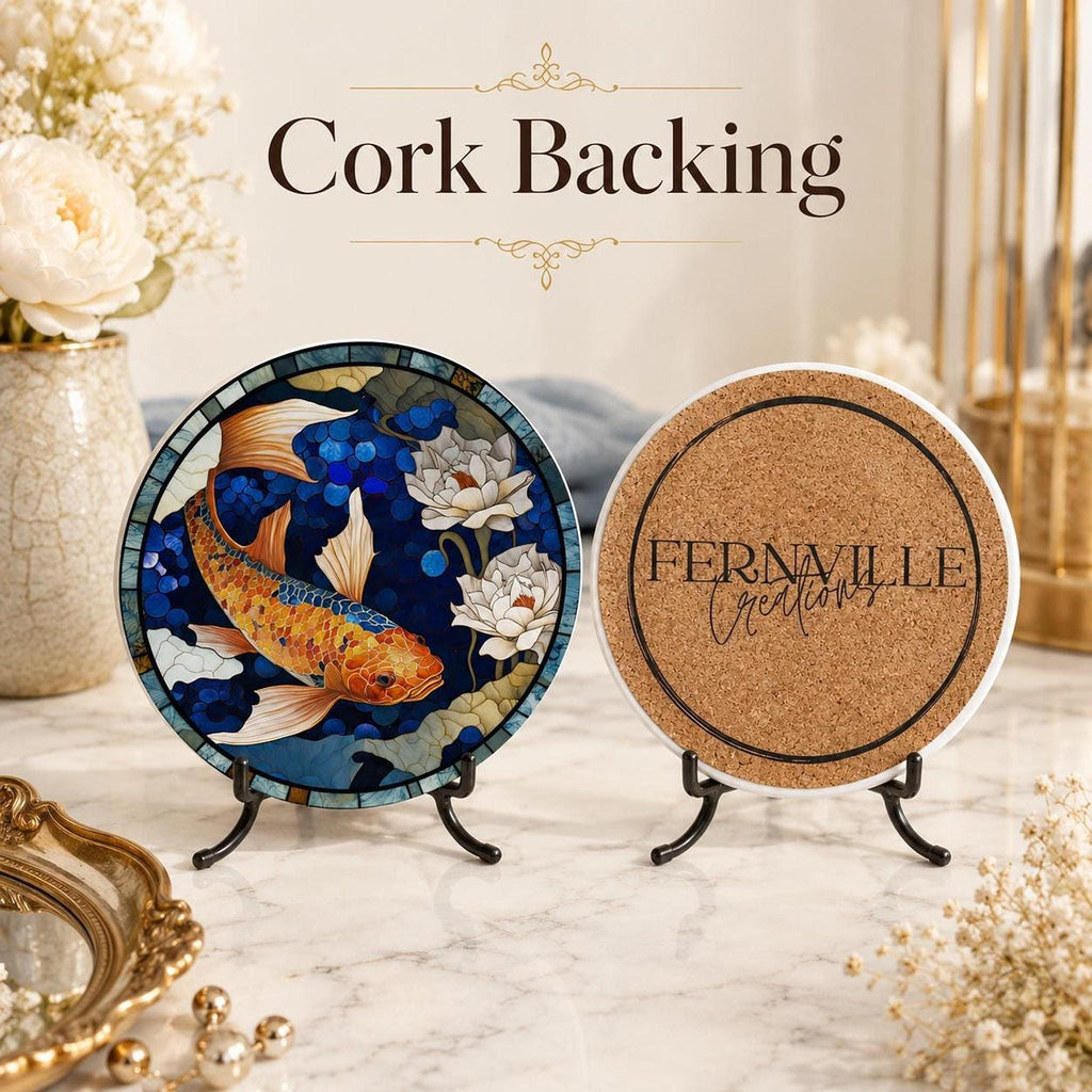 Desk Coaster Decor Featuring Round Ceramic Koi Fish And Lotus Pond Art