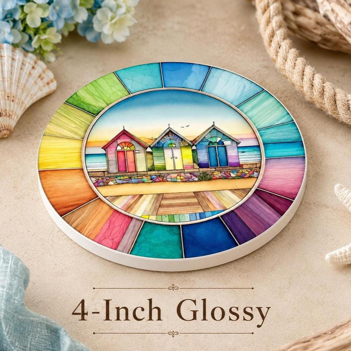Beach Hut Coaster, Colorful Ceramic Drink Mat with Rainbow Border