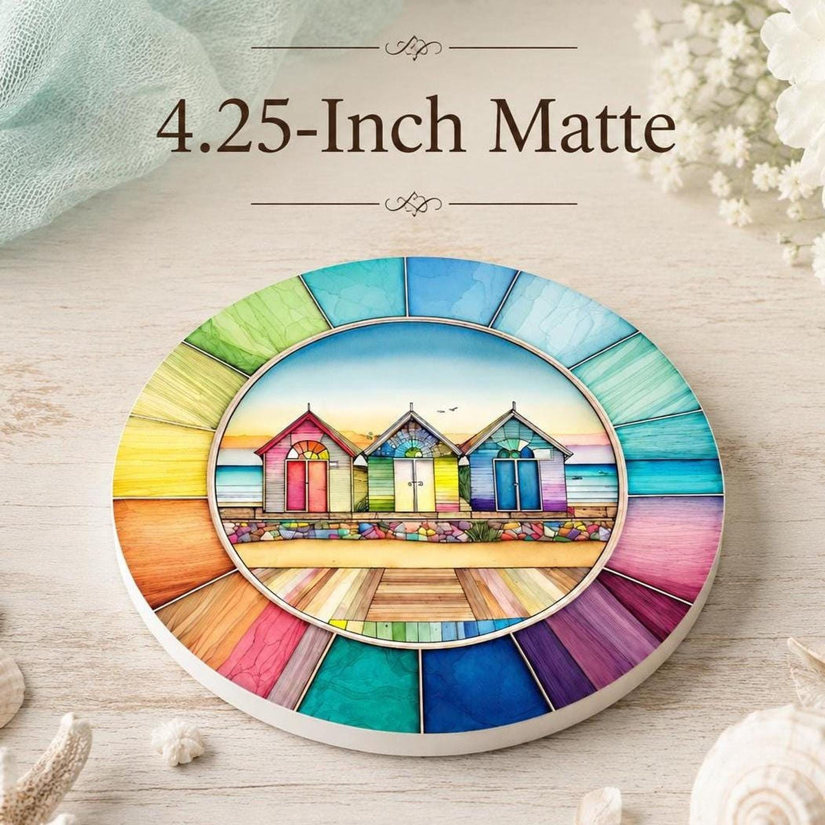 Beach Hut Coaster, Colorful Ceramic Drink Mat with Rainbow Border