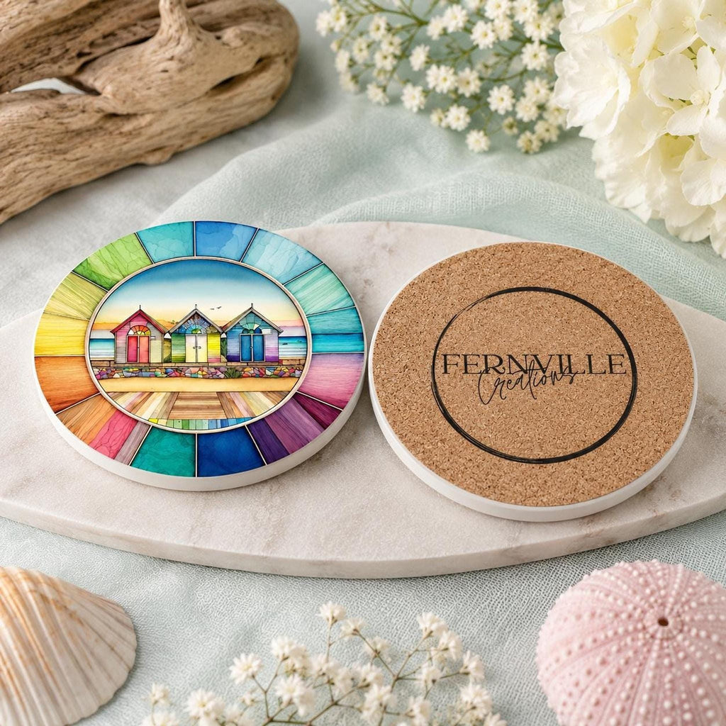 Beach Hut Coaster, Colorful Ceramic Drink Mat with Rainbow Border