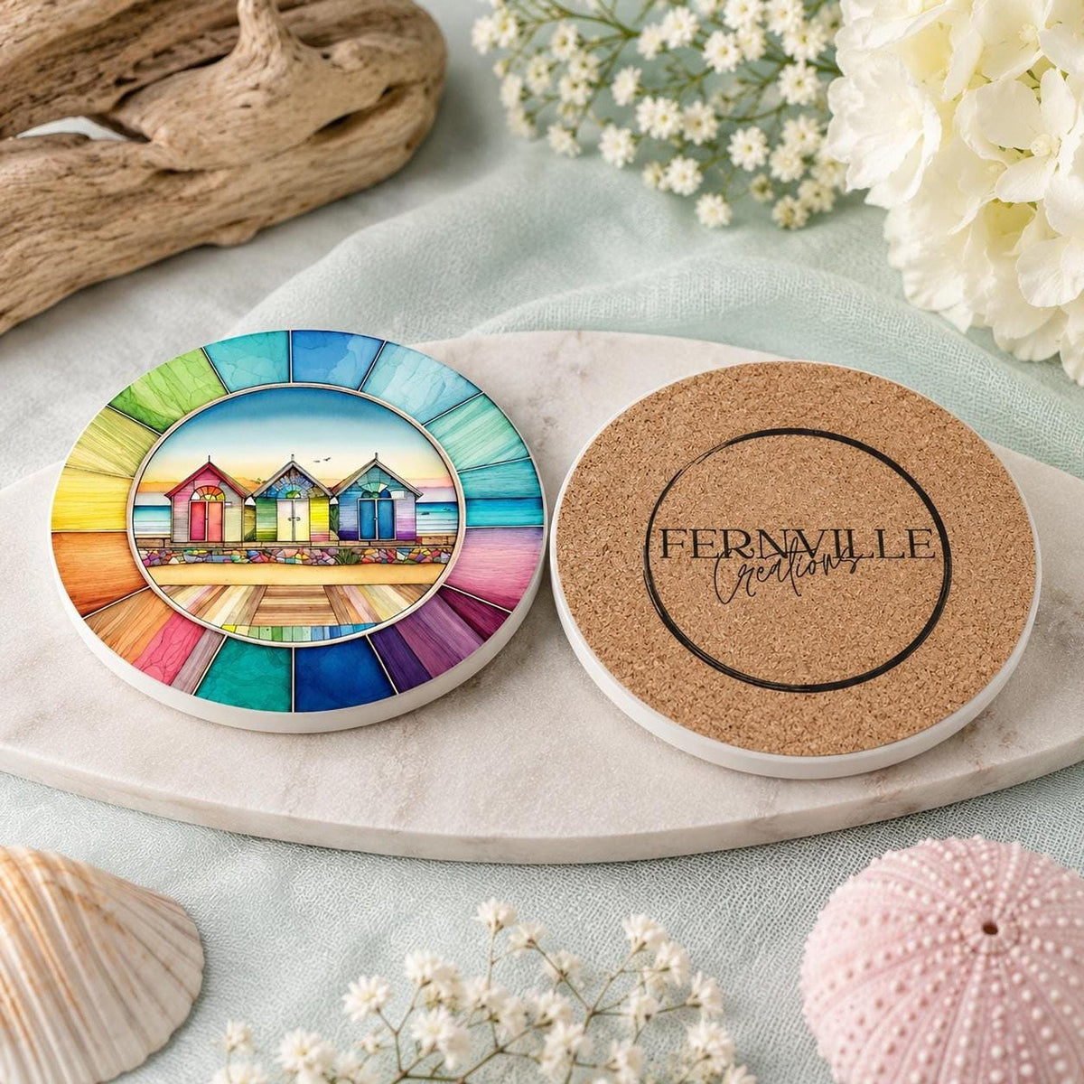 Beach Hut Coaster, Colorful Ceramic Drink Mat with Rainbow Border