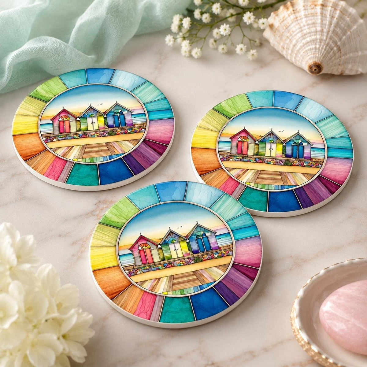 Beach Hut Coaster, Colorful Ceramic Drink Mat with Rainbow Border
