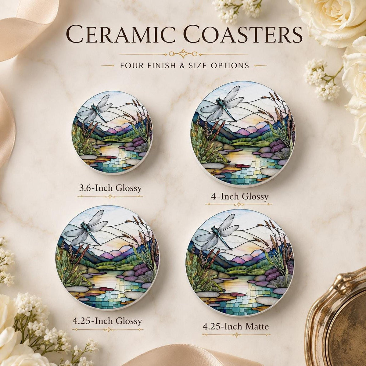 Dragonfly Coaster, Round Ceramic Botanical Lake Scene with Glossy or Matte Finish