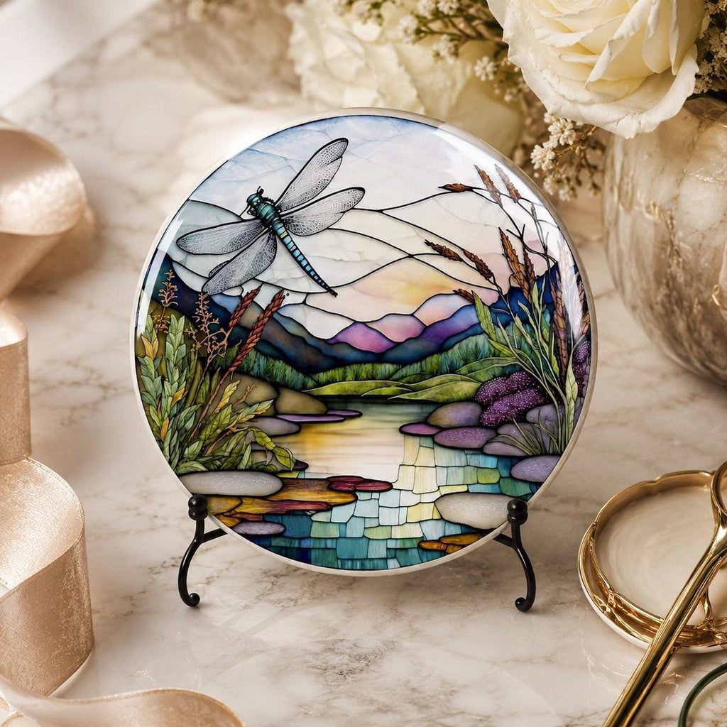Dragonfly Coaster, Round Ceramic Botanical Lake Scene with Glossy or Matte Finish