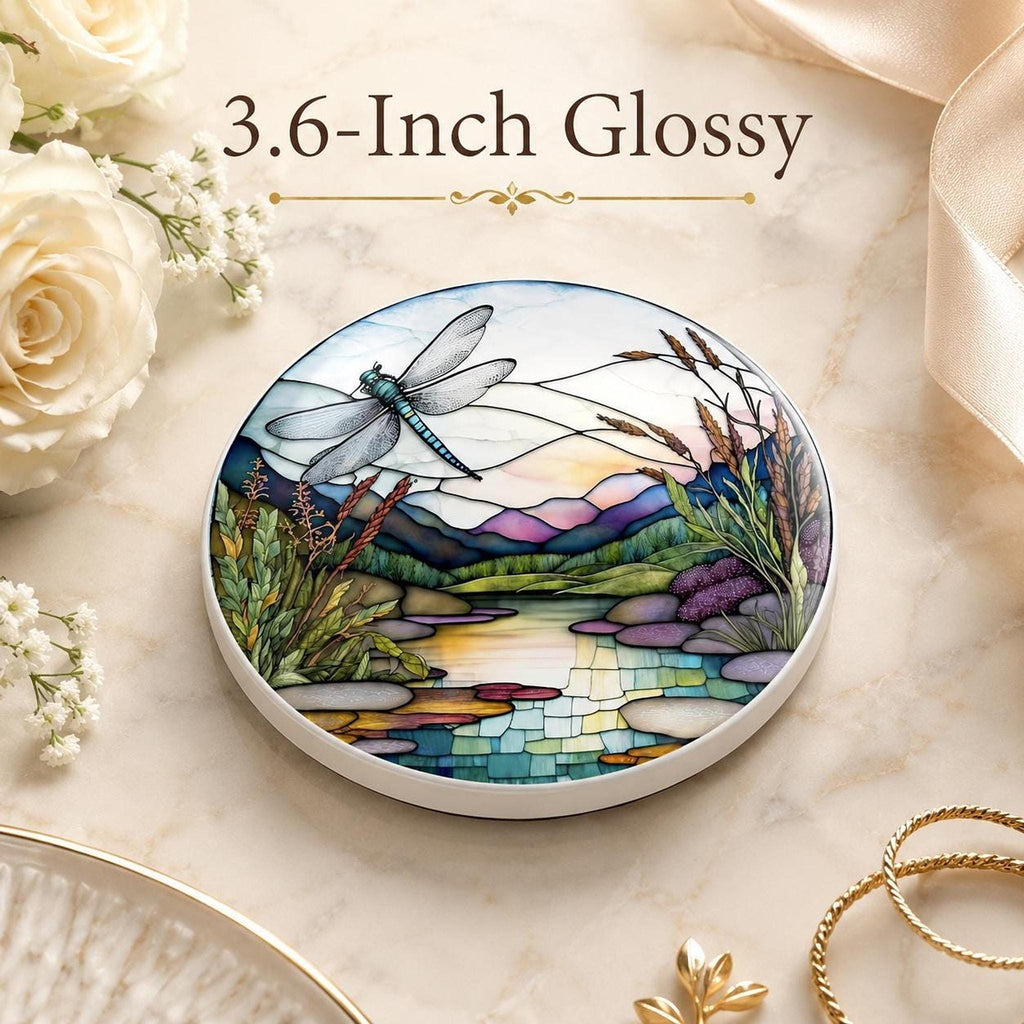 Dragonfly Coaster, Round Ceramic Botanical Lake Scene with Glossy or Matte Finish