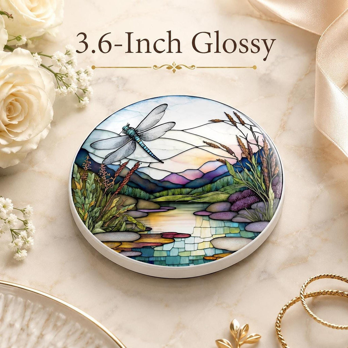 Dragonfly Coaster, Round Ceramic Botanical Lake Scene with Glossy or Matte Finish