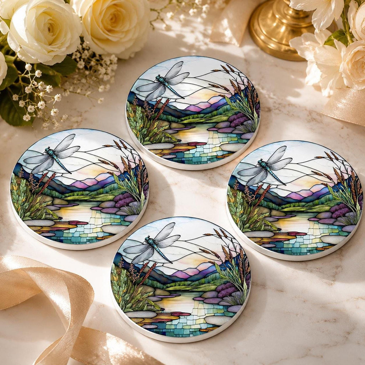 Dragonfly Coaster, Round Ceramic Botanical Lake Scene with Glossy or Matte Finish