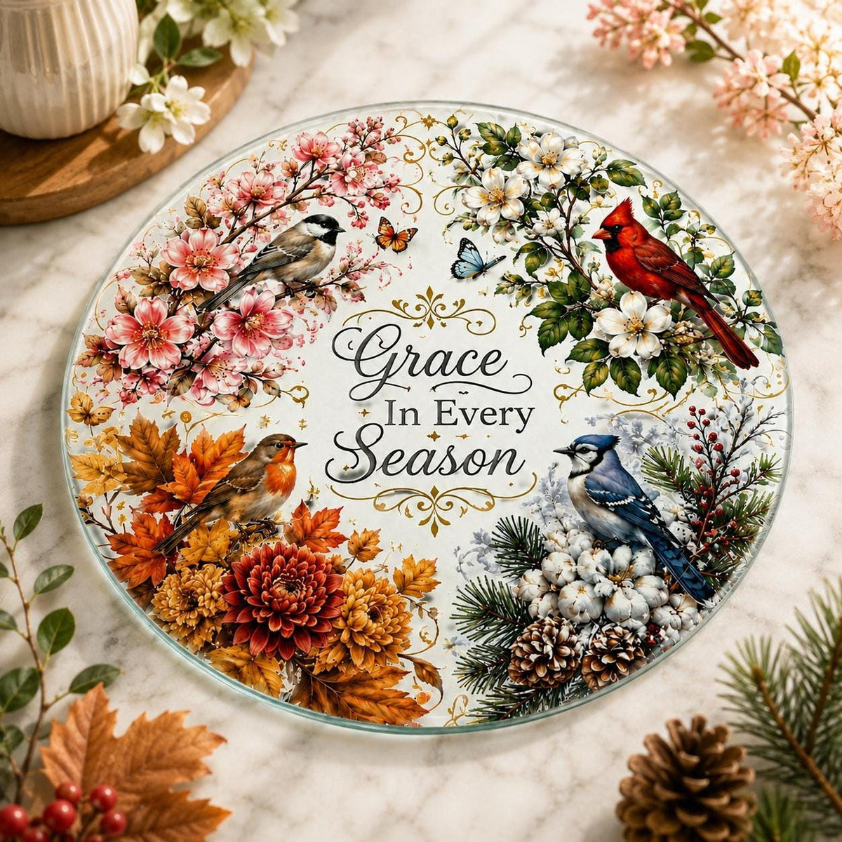 Glass Cutting Board, Round Tempered Charcuterie Serving Tray with Seasonal Design