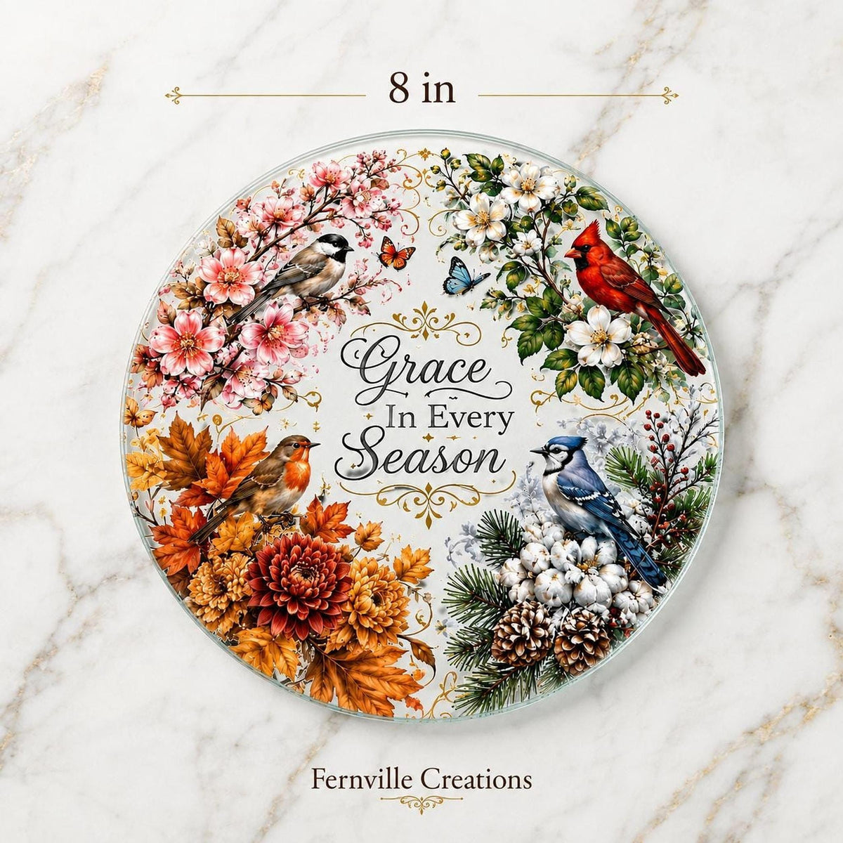Glass Cutting Board, Round Tempered Charcuterie Serving Tray with Seasonal Design