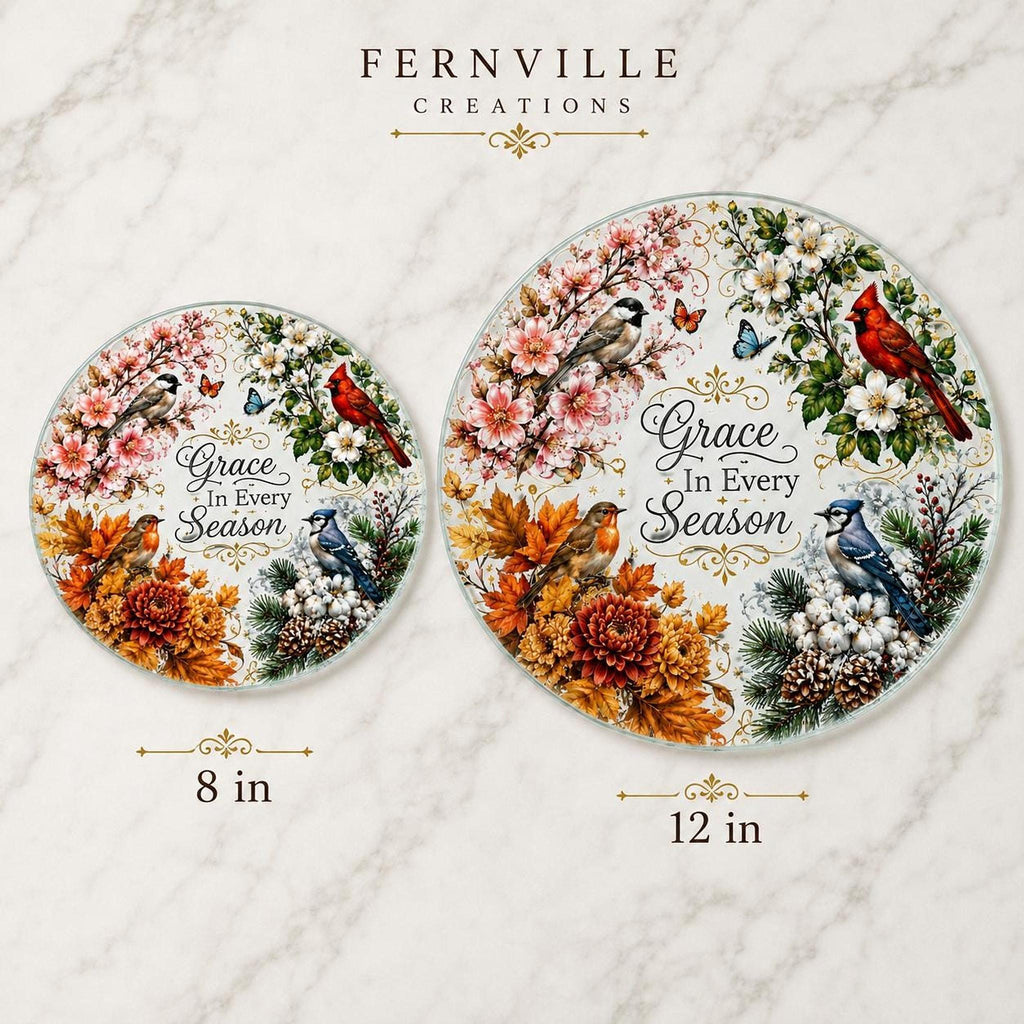 Glass Cutting Board, Round Tempered Charcuterie Serving Tray with Seasonal Design